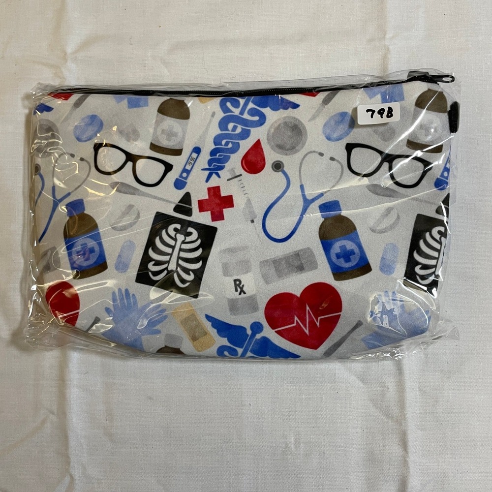 The Pouch Cosmetic Bag Unisex Small White NWT Medical Nurse Print Zippered